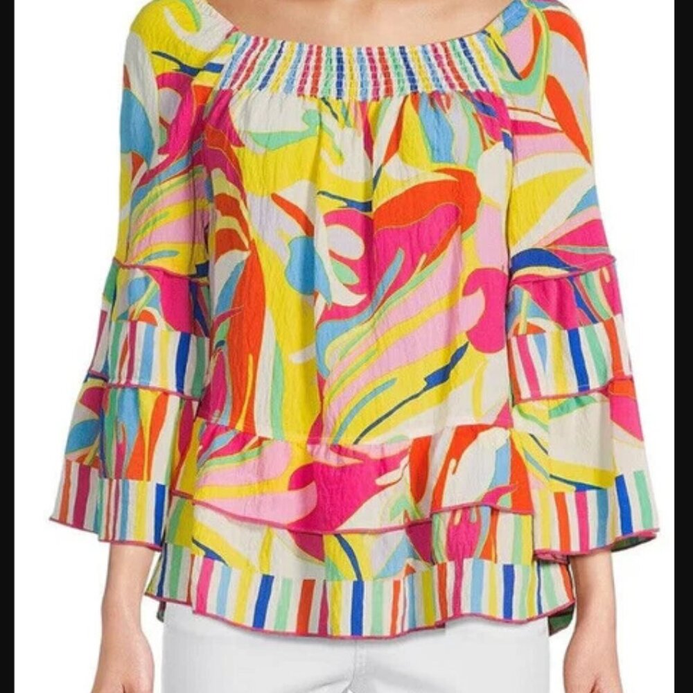 John Mark Off The Shoulder Colorful Vacation Top